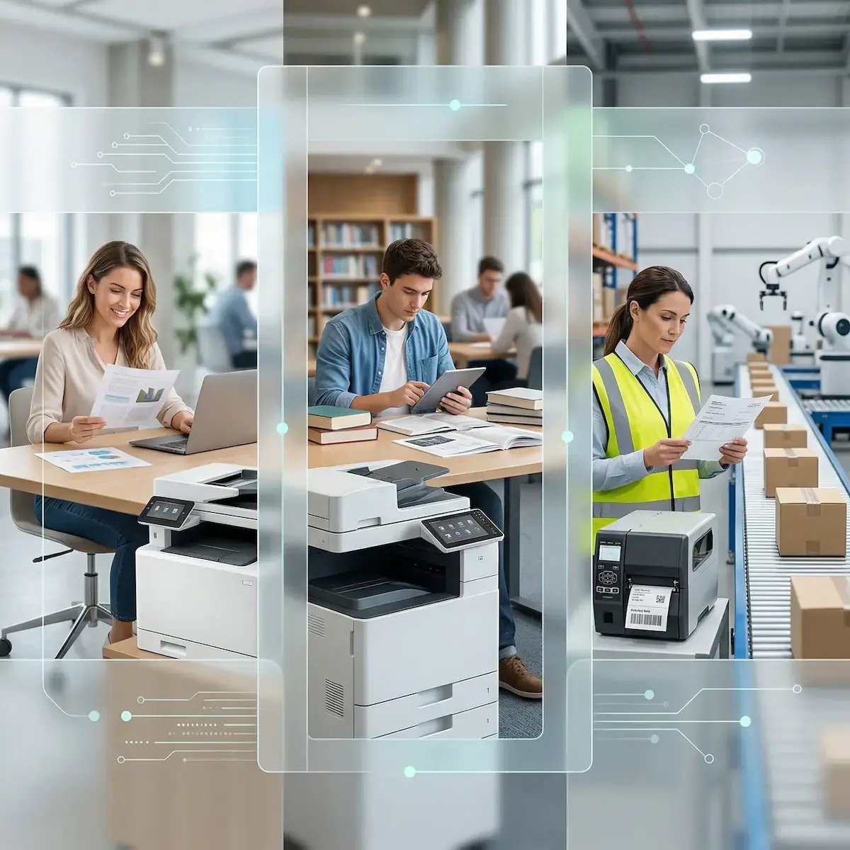 Professionals working and printing in different environments