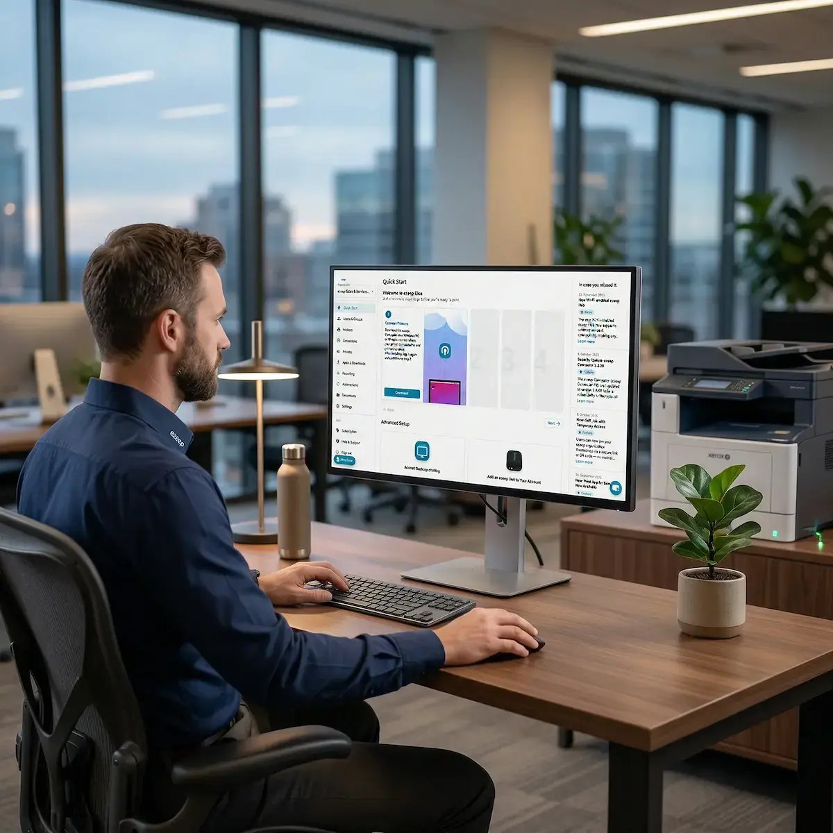 Man working on a computer to print in an office