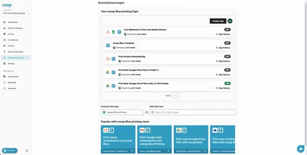 The automatization screen of ezeep admin portal with several Zaps listed, one of which is active.