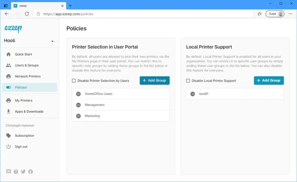 Mit Richtlinien erlaubt die IT-Abteilung den Zugriff auf My Printers.