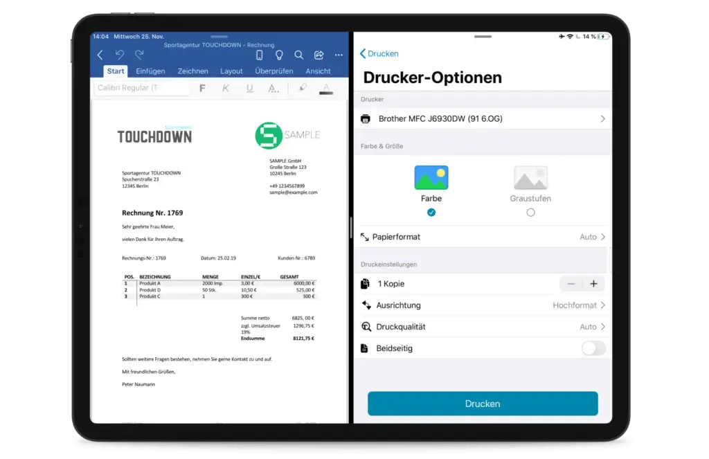 Schnelles Drucken für iPads