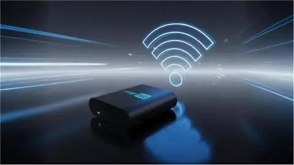 Black ezeep Hub with blue logo, a glowing Wi-Fi symbol, and blue light streaks in a dark, reflective setting.