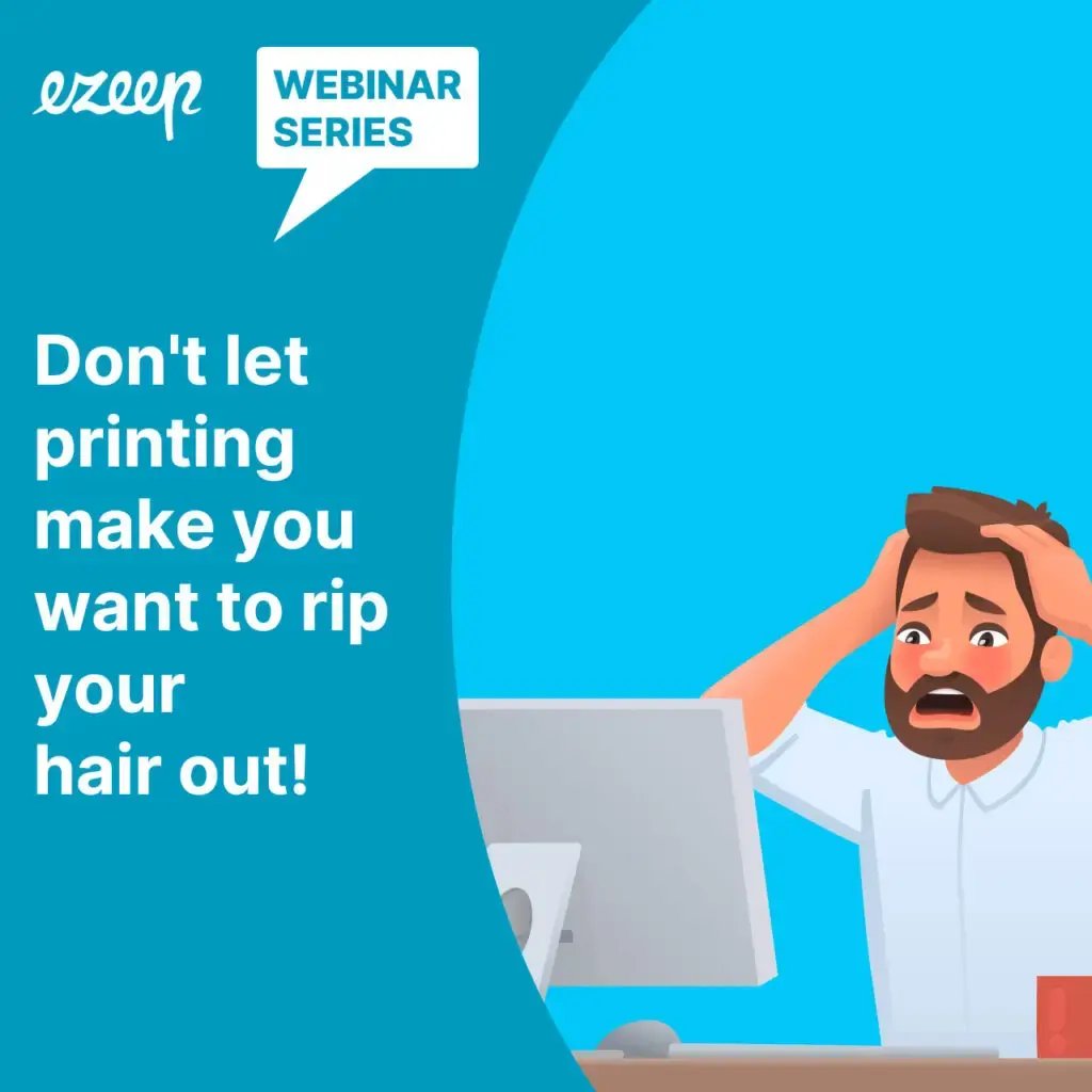 A person pulling their hair out in frustration over printing issues, illustrating the pain points of print management.