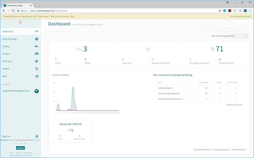 Usage reports in the ezeep Dashboard