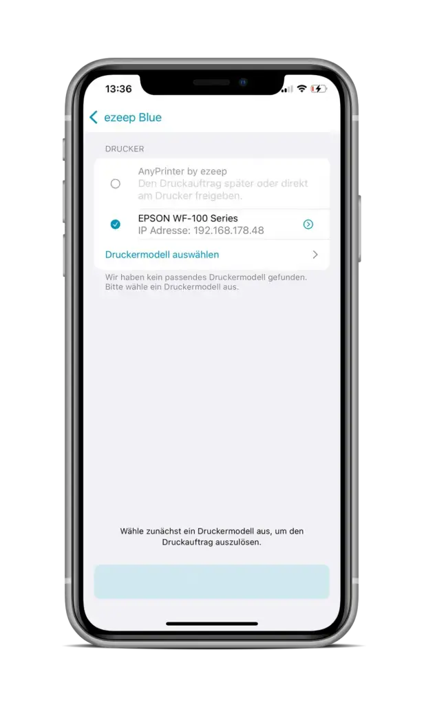 Klicke auf Druckermodell auswählen