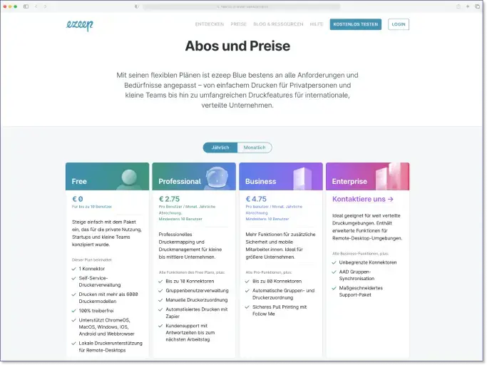 Free, Pro, Business & Enterprise – ezeep hat vier neue Abos