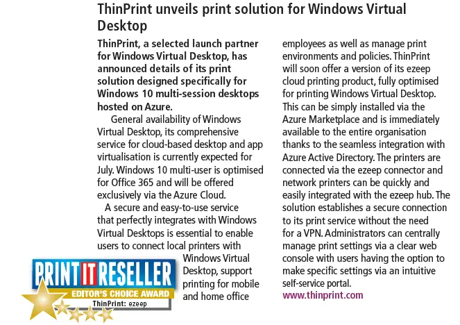 ThinPrint unveils print solution for Windows Virtual Desktop with an editor's choice award from Print It Reseller.