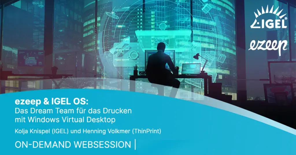 Zwei Personen diskutieren vor einem Bildschirm, der die Logos von ezeep und IGEL OS zeigt.