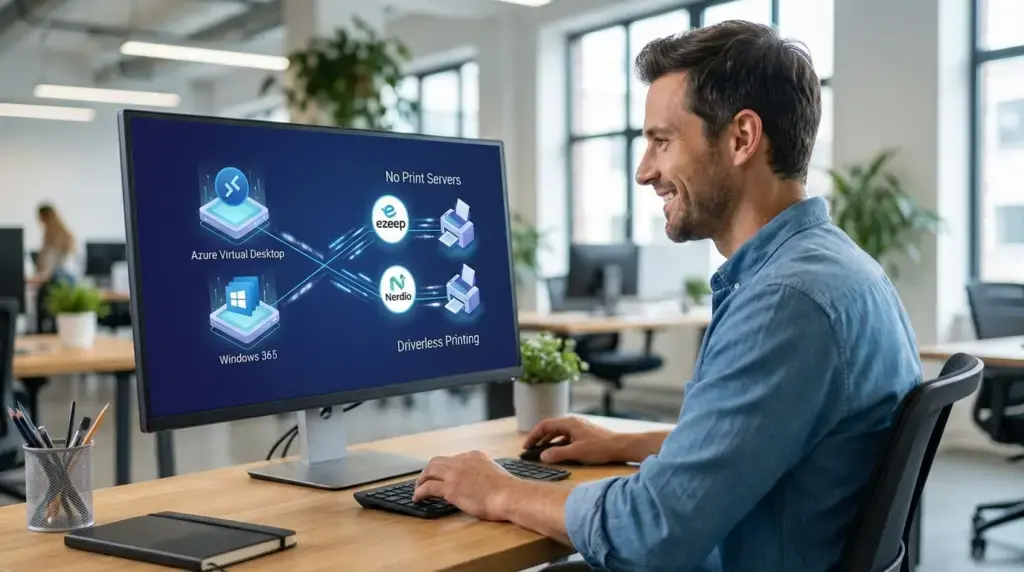 Zwei Hände tippen auf einer transparenten Tastatur, dahinter eine verschwommene Büroumgebung, was die Virtualisierung von Arbeitsumgebungen symbolisiert.