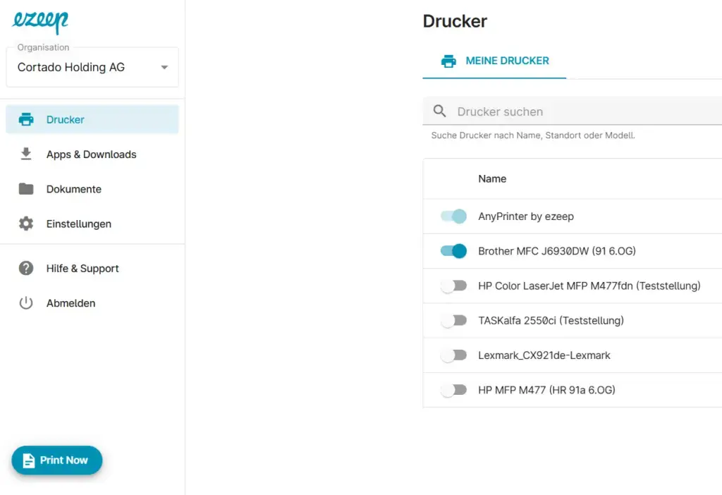 Grafik: PrintNow Benutzeroberfläche zur Auswahl von Dateien und Einstellungen für den Browserdruck.