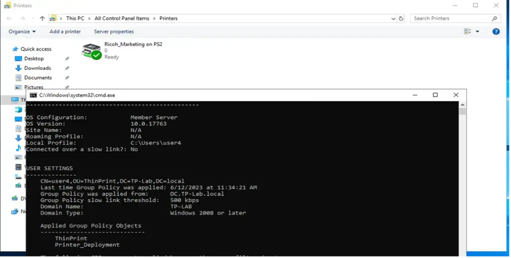 Screenshot showing Group Policy Results window in command prompt.