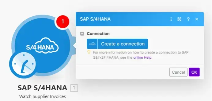 The Make SAP module connects to SAP S4/HANA using the SAP Communication System (Scenario 1).