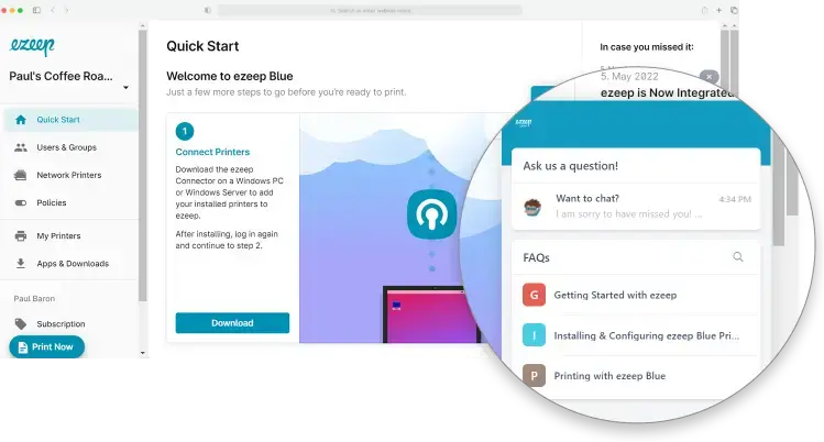ezeep Chat Button options - Live-Chat & FAQ