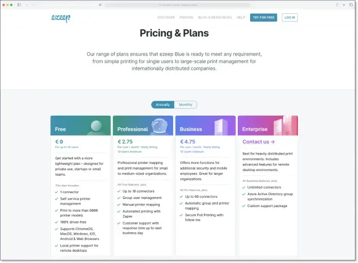 Free, Pro, Business & Enterprise – ezeep has Four New Plans
